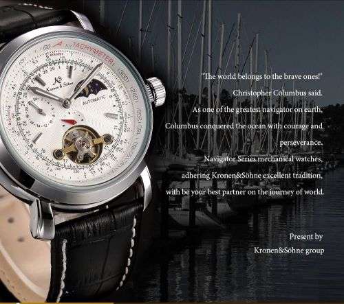 *KS White Automatic Mechanical Mens Black Leather Sport Classic Wrist Watch+Box*