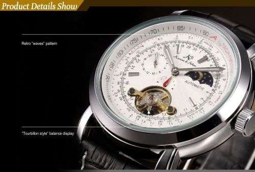 *KS White Automatic Mechanical Mens Black Leather Sport Classic Wrist Watch+Box*