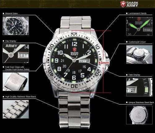 *** SHARK ARMY Brand Top ALL STEEL Date Day Men Analog Wrist Sport Watch*