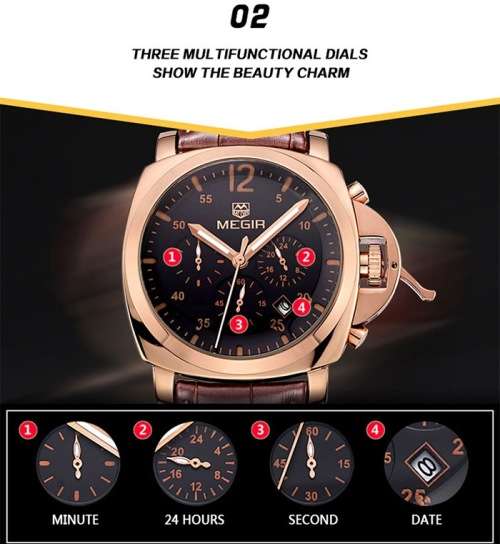 * Megir Brand Top Watch** Golden SS Case  Luxury Men* 6 Hands * Quartz Wristwatch CHRONOGRAPH
