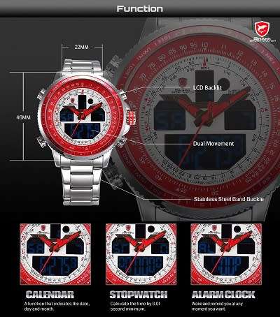 * -SHARK-Winghead Series Red MULTIFUNCTION  Quartz Army Mens Sport Wrist Watc
