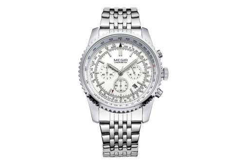 * Megir *Top Watch** All Steel Silver Luxury Men* 6 Hands * Quartz Wristwatch CHRONOGRAPH