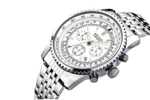 * Megir *Top Watch** All Steel All Silver  Luxury Men* 6 Hands * Quartz Wristwatch CHRONOGRAPH