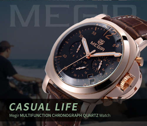 * Megir Brand Top Watch** Golden SS Case  Luxury Men* 6 Hands * Quartz Wristwatch CHRONOGRAPH