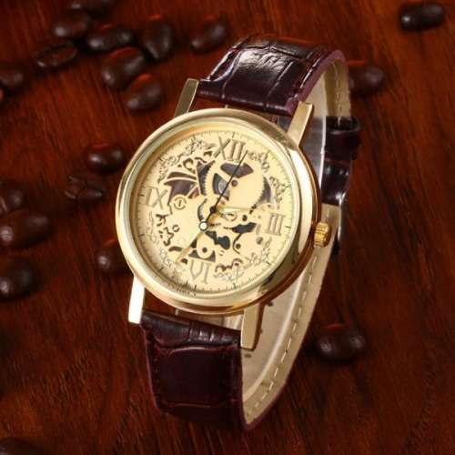 ***Elegant Gold Case Skeleton Brown Leather Band Watch