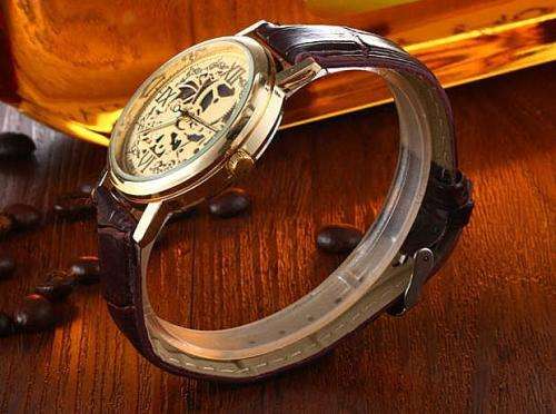 ***Elegant Gold Case Skeleton Brown Leather Band Watch