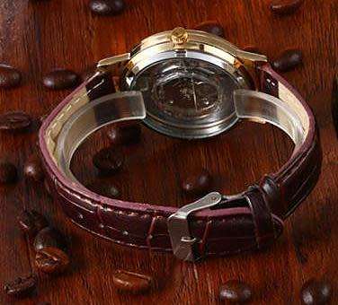 ***Elegant Gold Case Skeleton Brown Leather Band Watch
