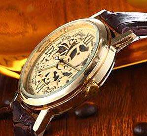 ***Elegant Gold Case Skeleton Brown Leather Band Watch