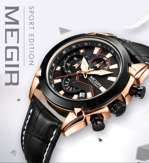 *Megir 2065 -Multifunction  Chronograph Watch * 6 HANDS*  Genuine Leather Strap*