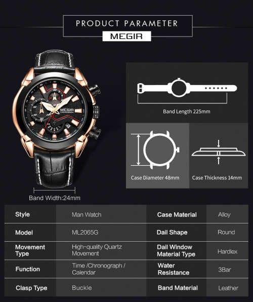*Megir 2065 -Multifunction  Chronograph Watch * 6 HANDS*  Genuine Leather Strap*