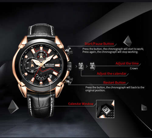 *Megir 2065 -Multifunction  Chronograph Watch * 6 HANDS*  Genuine Leather Strap*