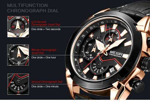*Megir 2065 -Multifunction  Chronograph Watch * 6 HANDS*  Genuine Leather Strap*