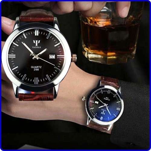 (2) YAZOLE Date Blue Ray Glass  Steel Sports Quartz  Wrist Watch Brown Leather Band+ Luminous Yazole