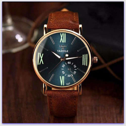 (2) YAZOLE Date Blue Ray Glass  Steel Sports Quartz  Wrist Watch Brown Leather Band+ Luminous Yazole