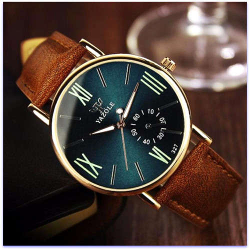 (2) YAZOLE Date Blue Ray Glass  Steel Sports Quartz  Wrist Watch Brown Leather Band+ Luminous Yazole