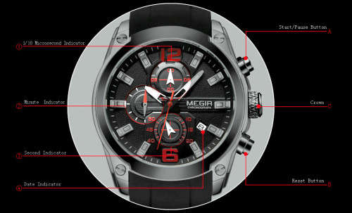 *Megir 2063G -*Big Dial* Multifunction  Chronograph Watch * 6 HANDS* Rubber Strap*