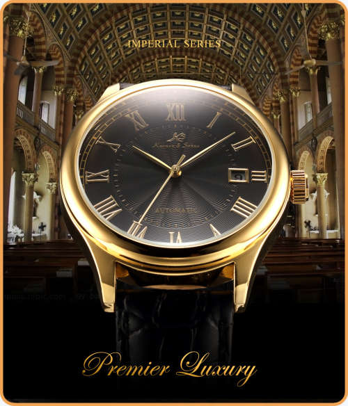 *KS Imperial* Black Dial Gold Case Automatic Mechanical Mens ** Wrist Watch+Box*