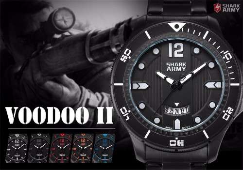 *** SHARK ARMY "VOODOO II" ALL STEEL Date Day Men Analog Wrist Sport Watch*