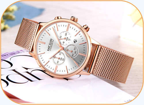 Megir 2011L  - Ladies  Chronograph Watch * 6 HANDS* ROSE GOLD or SILVER