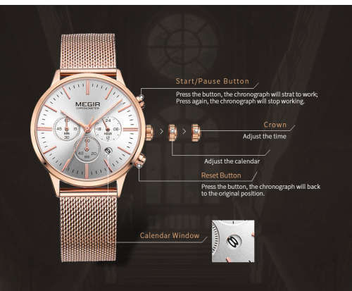 Megir 2011L  - Ladies  Chronograph Watch * 6 HANDS* ROSE GOLD or SILVER