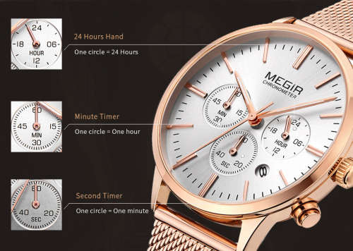 Megir 2011L  - Ladies  Chronograph Watch * 6 HANDS* ROSE GOLD or SILVER