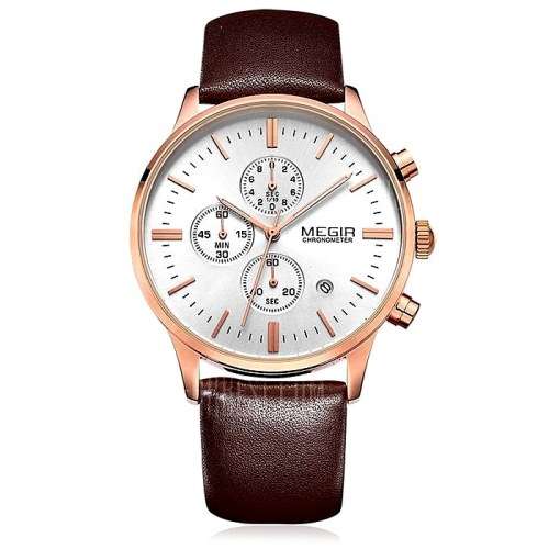 *  Megir 2011 - Chronograph Watch * 6 HANDS*Genuine Brown Leather Strap*