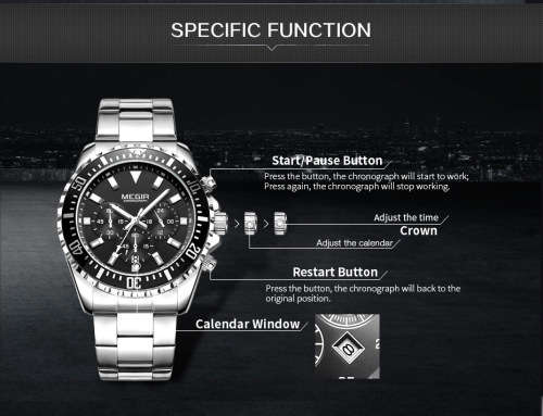Classic*  Megir 2064G -All Steel Multifunction  Chronograph Watch * 6 HANDS*