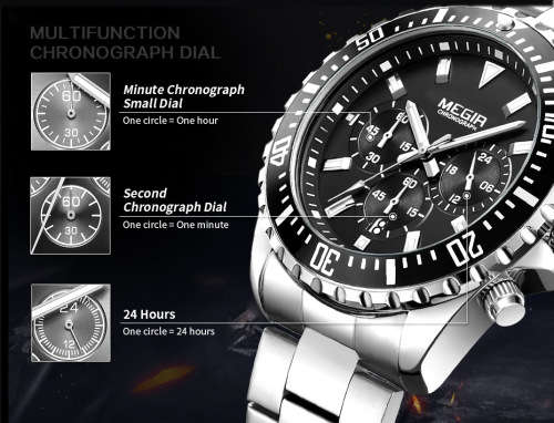 Classic*  Megir 2064G -All Steel Multifunction  Chronograph Watch * 6 HANDS*