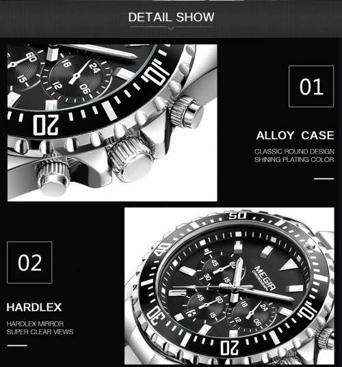 Classic*  Megir 2064G -All Steel Multifunction  Chronograph Watch * 6 HANDS*
