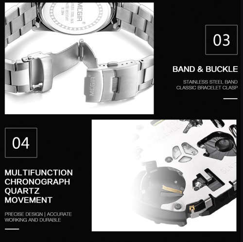 Classic*  Megir 2064G -All Steel Multifunction  Chronograph Watch * 6 HANDS*