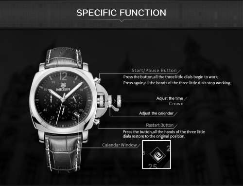 ** Megir Brand Top Watch** Silver Case  Luxury Men* 6 Hands * Quartz Wristwatch CHRONO*