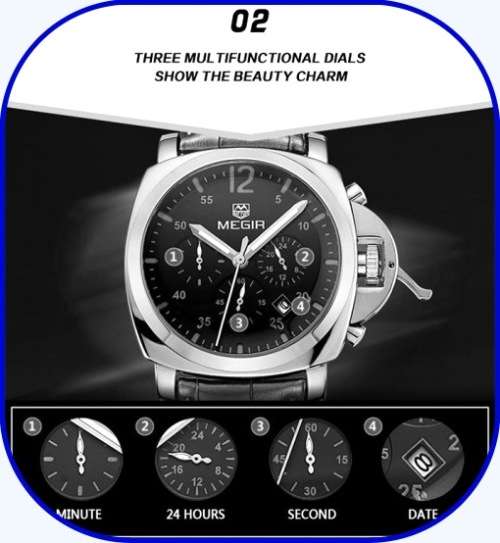 ** Megir Brand Top Watch** Silver Case  Luxury Men* 6 Hands * Quartz Wristwatch CHRONO*