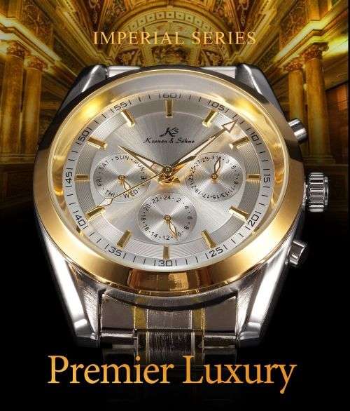 *** KS Men's Imperial Series Date Day  Automatic Mechanical 2 Tone Gold Case Sport Wrist Watch *