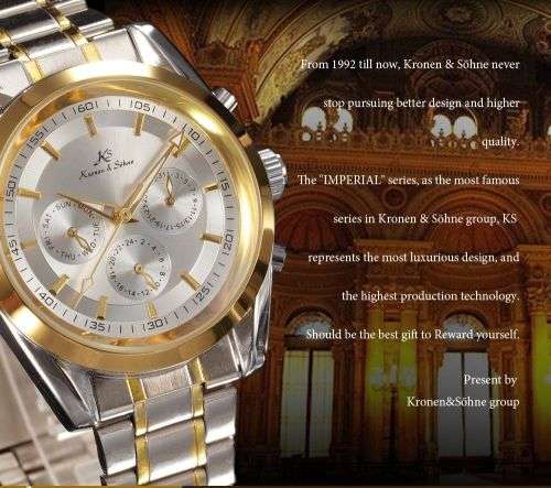 *** KS Men's Imperial Series Date Day  Automatic Mechanical 2 Tone Gold Case Sport Wrist Watch *