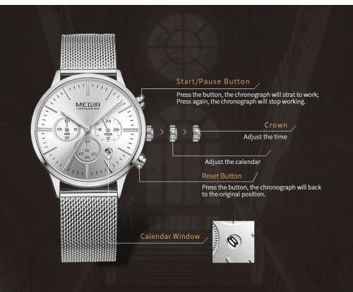 Megir 2011L  - Ladies Lovely Chronograph Watch * 6 HANDS* SILVER