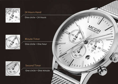 Megir 2011L  - Ladies Lovely Chronograph Watch * 6 HANDS* SILVER