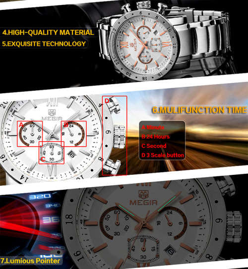 ***  Megir Brand ( 3008)* 6 Hands * Chronograph Business Mens Watch ** ALL STEEL*