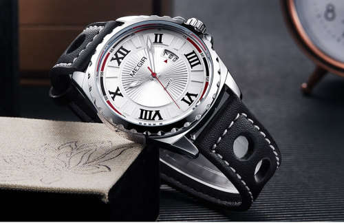 FREE SHIPING * Megir Brand~M1019~ALL NEW** White Dial *Analog* Dial Leather Strap Military Watches ~