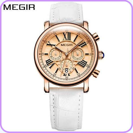 Megir 2058L  - Ladies Lovely Chronograph Watch * 6 HANDS* WHITE LEATHER STRAP*FULL HOUSE!