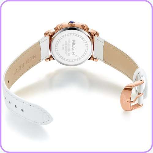 Megir 2058L  - Ladies Lovely Chronograph Watch * 6 HANDS* WHITE LEATHER STRAP*FULL HOUSE!