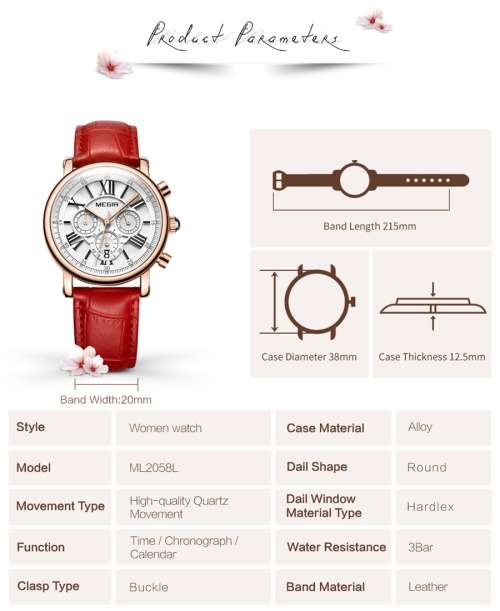 Megir 2058L  - Ladies Lovely Chronograph Watch * 6 HANDS* WHITE LEATHER STRAP*FULL HOUSE!