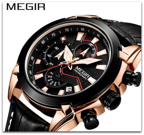 *Megir 2065 -Big Dial Multifunction  Chronograph Watch * 6 HANDS*  Genuine Leather Strap*
