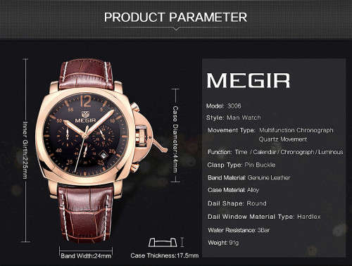 ** Megir Brand Top Watch** Rose Gold Case  Luxury Men* 6 Hands * Quartz Wristwatch CHRO