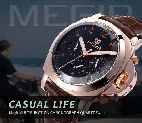 ** Megir Brand Top Watch** Rose Gold Case  Luxury Men* 6 Hands * Quartz Wristwatch CHRO