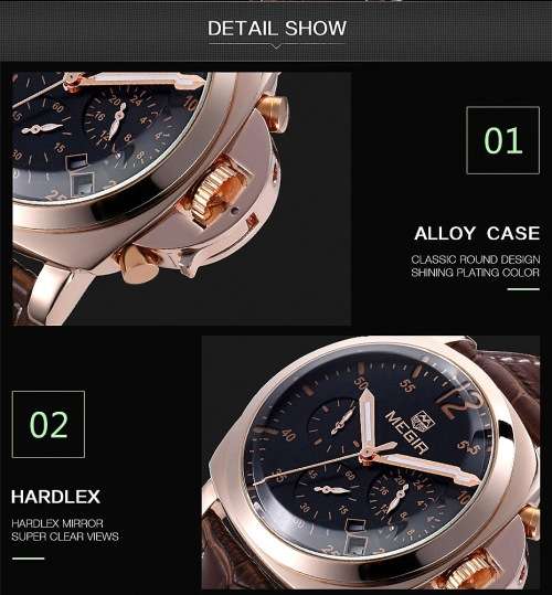 ** Megir Brand Top Watch** Rose Gold Case  Luxury Men* 6 Hands * Quartz Wristwatch CHRO