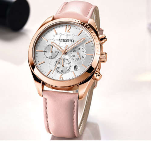 Megir 2115L  - Ladies Lovely Chronograph Watch * 6 HANDS*PINK LEATHER STRAP*