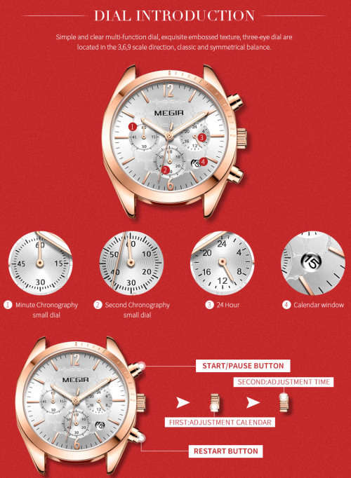 Megir 2115L  - Ladies Lovely Chronograph Watch * 6 HANDS*RED LEATHER STRAP*