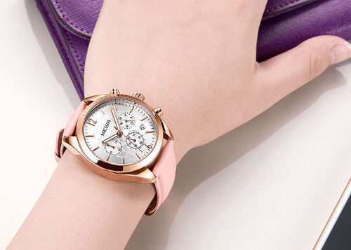 Megir 2115L  - Ladies Lovely Chronograph Watch * 6 HANDS*PINK LEATHER STRAP*