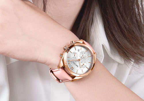 Megir 2115L  - Ladies Lovely Chronograph Watch * 6 HANDS*PINK LEATHER STRAP*