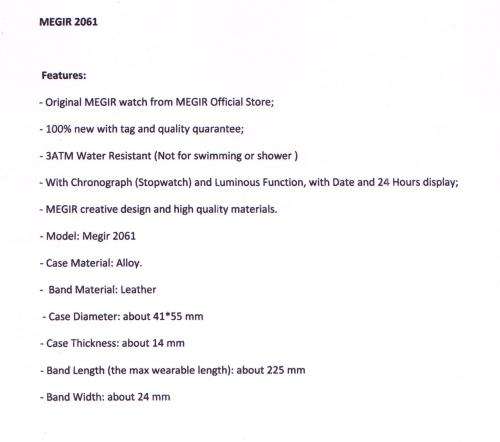 *** Megir (2061)  Brand** Top Watch* New Style  Big Luxury Men Quartz Watch CHRONOGRAPH * 6 HANDS *